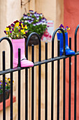 Ireland, County Kerry, Dingle Peninsula, Cloghane, fence decorated with children's boots