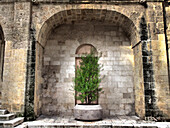 Italien, Bari, Apulien, Monopoli. Bogen mit Topfpflanzen im Innenhof nahe der Basilika Madonna della Madia.