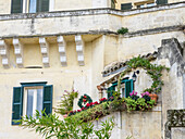 Italien, Basilikata, Matera. Pflanzen schmücken die Außenmauern der Sassi-Häuser.