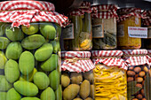 Jarred green olives and vegetables for sale, Alberobello, Italy