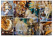 Ein Plakat mit Karnevalsmasken in Geschäften in Venedig