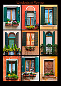 Dieses Plakat zeigt Fenster von Wohnhäusern in ganz Venedig mit Blumenkästen.