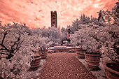 Italien, Lucca. Schöne Gärten und schwerer Himmel über dem Palazzo Pfanner von Lucca