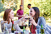Smiling young women having wine and beer in park