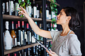 Angestellte einer Weinhandlung, die mit einem digitalen Tablet die Preise im Online-Shop festlegt