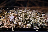 Wide view of bunch of white dry flowers on a dark background