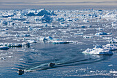 Grönland, Diskobucht, Ilulissat, Blick auf schwimmendes Eis und Fischerboot