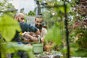 Men gardening in greenhouse