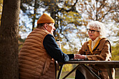 Älteres Paar an einem Picknicktisch im Park