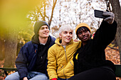 Drei Freunde machen ein Selfie im Park