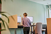 Rear view of woman using computer in office