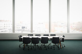 View of meeting table in empty boardroom