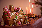 Gingerbread house and Christmas decorations