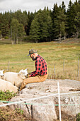 Male farmer with sheep in field