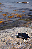 Cell phone and power bank on rocky coast