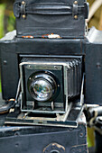 World War One re-creation and history. Close-up of old bellows-style camera.