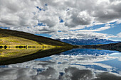 Clouds reflecting on Lake Azul, Torres del Paine National Park, Chile, Patagonia, South America,