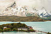 Chile, Patagonia. Lake Pehoe Lodge and The Horns mountains