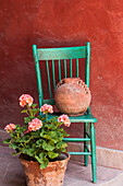 Mexico, San Miguel de Allende. Geraniums, flowerpots and chair decorate an entrance.