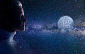 Profil einer Frau mit Bitcoin am Nachthimmel