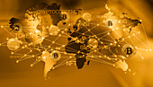 World map with bitcoins, cgi