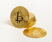 Studio shot of golden bitcoins