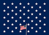 American flag waving against graphic field of 50 white stars on blue background