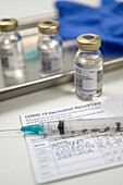Spritze auf Covid-19-Impfpass und Ampullen auf Tablett