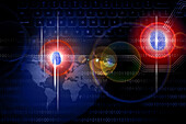 Cyberangriff auf Computer mit Daumenabdrücken und Tastatur auf Weltkarte