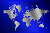 Pixelated world map on blue background