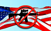 AR-15-Gewehr mit Verbotszeichen vor amerikanischer Flagge