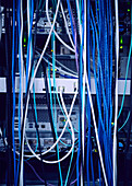Tangled computer cables in server room