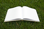 Aufgeschlagenes Buch mit leeren Seiten im Gras