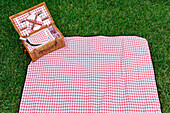 Picknickkorb und Decke auf dem Rasen