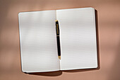 Stift in offenem Notizbuch auf braunem Hintergrund