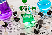 Molecular models and laboratory glassware with liquids on periodic table