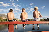 United States, Utah, Highland, Rear view of shirtless boys (8-9) fishing on lake