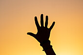Silhouette of human hand against sunset sky