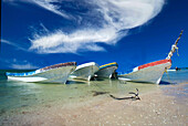 Mexico, Cancun, Yucatan, Traditional fishing boats on Caribbean beach