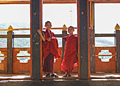 Bhutan, Paro, Junge buddhistische Mönchsnovizen (6-7, 10-11) im buddhistischen Tempel
