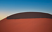 Namibia, Namibia Desert., Lone man climbing giant sand dune