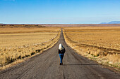USA, Nevada, Winnemucca, Ältere Frau geht Wüstenstraße hinunter