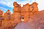 Vereinigte Staaten, Utah, Bryce Canyon National Park, Älterer Wanderer steht in einem Sandsteinbogen