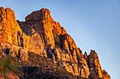 USA, Utah, Springdale, Red cliffs at sunset in Zion National Park