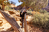 USA, Utah, Zion National Park, Ältere Wanderin umarmt Baum