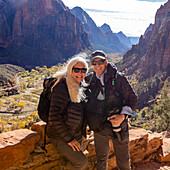 United States, Utah, Zion National Park, Senior couple posing