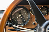 Dashboard and steering wheel of vintage car