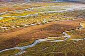 USA, Alaska, Brooks Range, Arctic National Wildlife Refuge. Luftaufnahme eines verzweigten Flusses und der Tundra