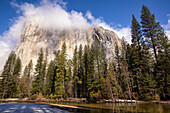 El Capitan seen from Cathedral Beach with reflection in Merced River. Yosemite National Park, California.