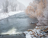 USA, Colorado, Steamboat Springs. Landschaft am Yampa River im Winter.